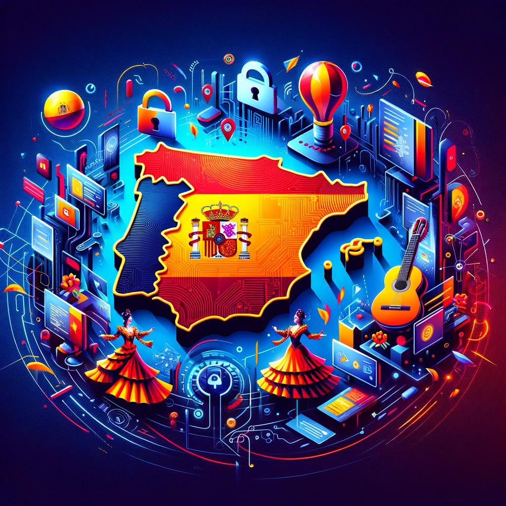 DALL·E 2024-01-24 23.23.31 - A vibrant and modern graphic illustrating the best VPN services in Spain